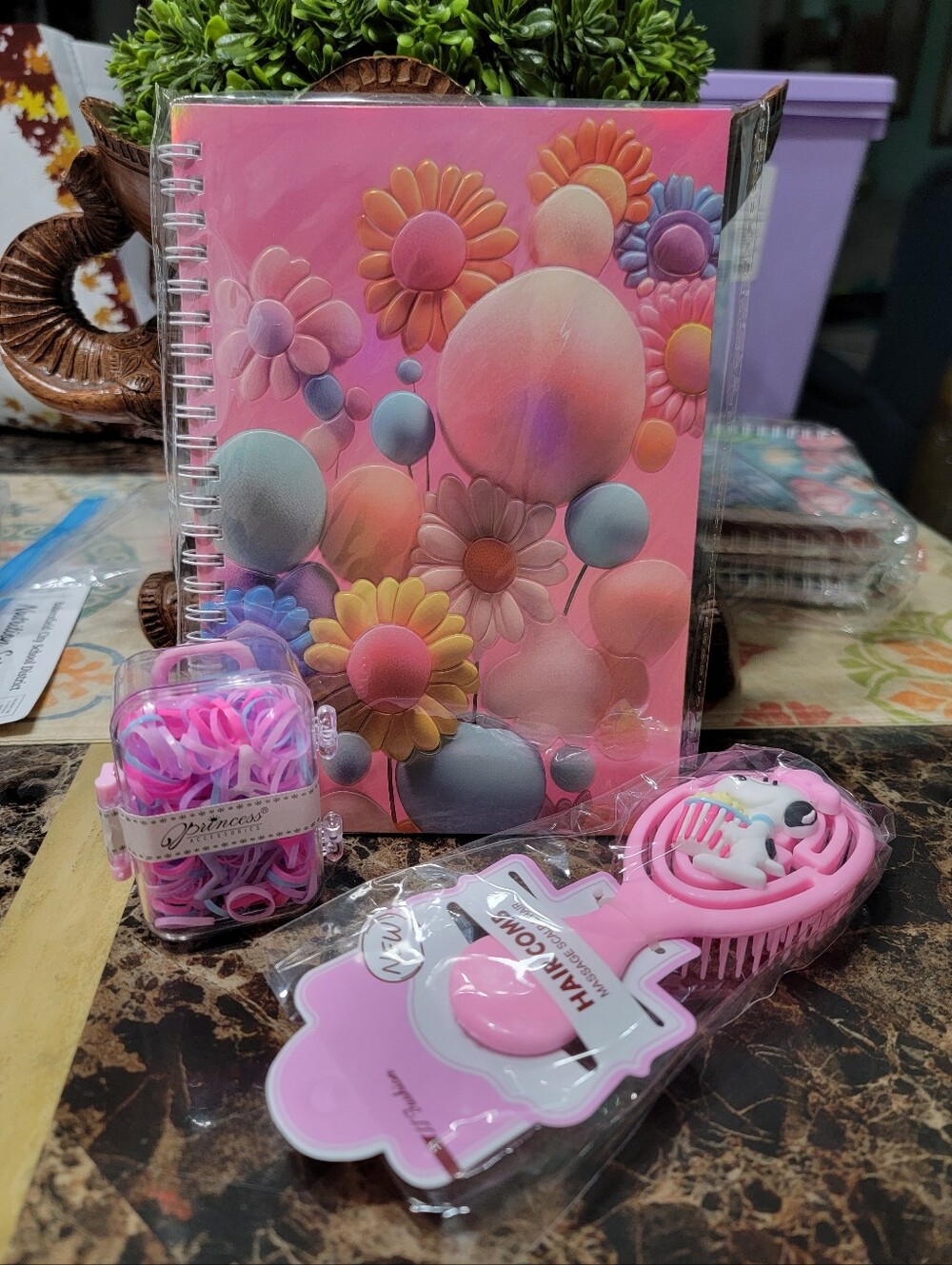 Pink Floral Spiral Notebook + Pink Brush & Hair Ties Set